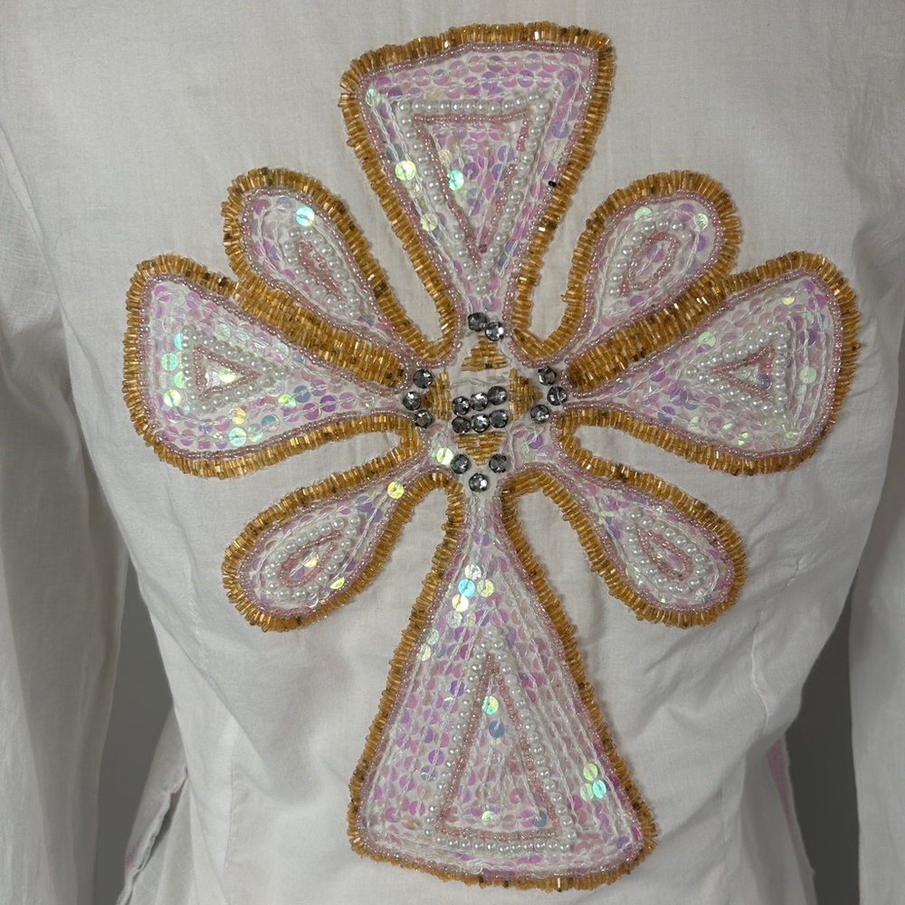 Y2K DOLLHOUSE Button Down Shirt Sequin Floral Cross Applique Preppy Western Sz M - Picture 10 of 15